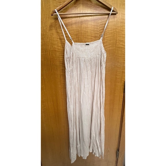 Billabong Womens Beige White Striped Tie Front Smocked Midi Dress Small S/P/CH - Picture 4 of 8